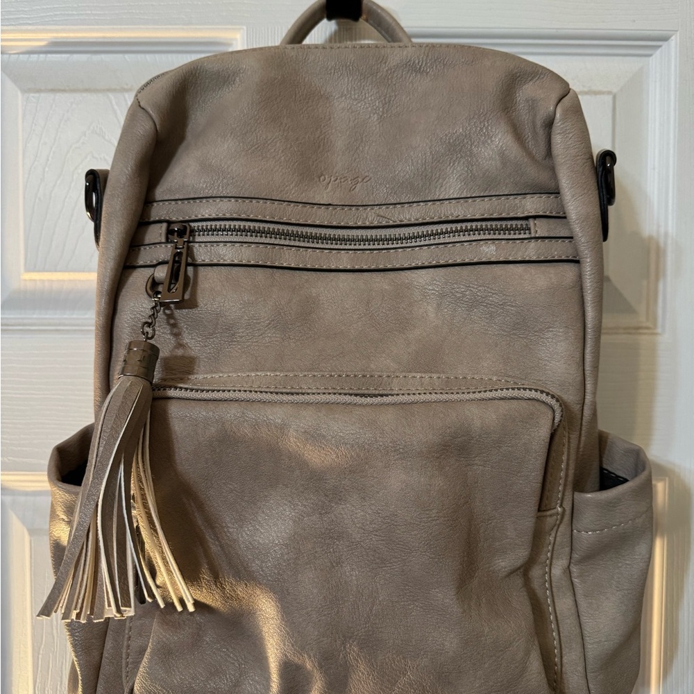 Taupe Faux Leather Backpack with Tassel